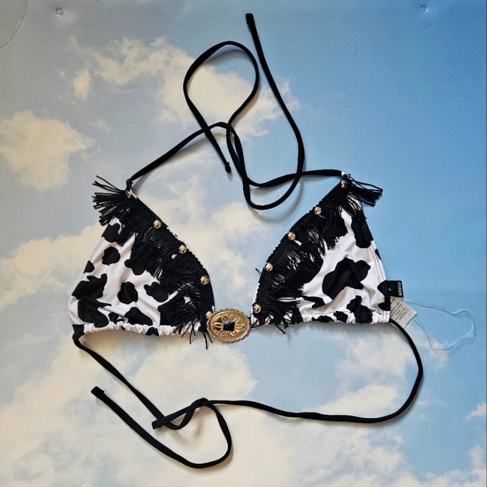 Southwestern Cow Print Bikini Top With Concho & Fringe String Bikini Exotic